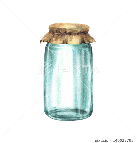 Realistic glass jars Canvas burlap fabric lid tied with rope around. Watercolor Empty containers for storage or home made preservation. Hand drawn vintage illustration isolated from background. Realistic glass jars Canvas burlap fabric lid tied with rope around. Watercolor Empty containers for storage or home made preservation. Hand drawn vintage illustration isolated from background. 140028793