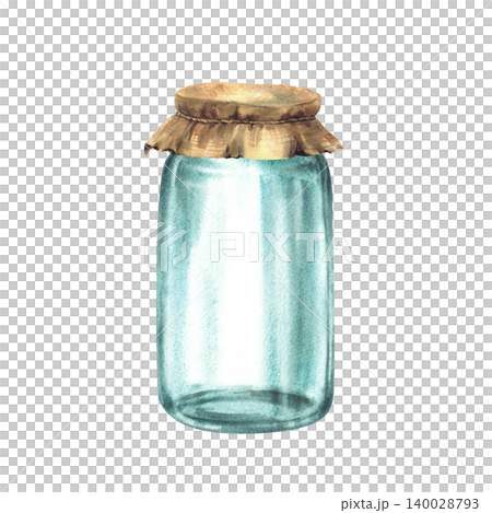 Realistic glass jars Canvas burlap fabric lid tied with rope around. Watercolor Empty containers for storage or home made preservation. Hand drawn vintage illustration isolated from background. Realistic glass jars Canvas burlap fabric lid tied with rope around. Watercolor Empty containers for storage or home made preservation. Hand drawn vintage illustration isolated from background. 140028793