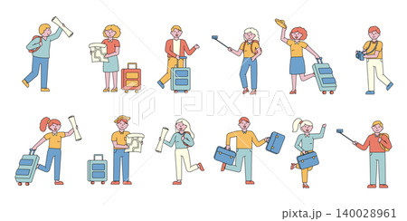 Tourists flat charers set. People with luggage. Going on vacation . Cheerful holidaymakers with maps planning trips, finding routes. Traveler with photo camera taking pictures 140028961