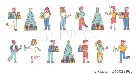 New Year celebration flat charers set. People in Santa hats sharing presents cartoon illustrations pack. Xmas preparation. Friends dancing at wintertime festival. Christmas eve fun New Year celebration flat charers set. People in Santa hats sharing presents cartoon illustrations pack. Xmas preparation. Friends dancing at wintertime festival. Christmas eve fun 140028966