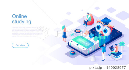 Online studying landing page vector template. Modern university course website header UI layout with isometric illustration. Teaching lectures and lessons web banner isometry concept Online studying landing page vector template. Modern university course website header UI layout with isometric illustration. Teaching lectures and lessons web banner isometry concept 140028977