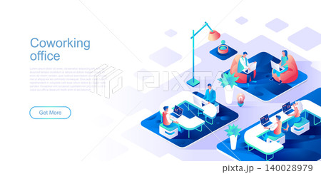 Coworking office landing page vector template. Freelance startup team website header UI layout with isometric illustration. Professional meeting in workplace web banner isometry concept 140028979