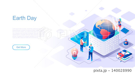 Earth Day landing page vector template. Annual eco event celebration website header UI layout with isometric illustration. Environment protection, saving nature web banner isometry concept 140028990