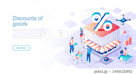 Discounts of goods landing page vector template. Seasonal price reduction website header UI layout with isometric illustration. Limited merchandise promo campaign web banner isometry concept Discounts of goods landing page vector template. Seasonal price reduction website header UI layout with isometric illustration. Limited merchandise promo campaign web banner isometry concept 140028992
