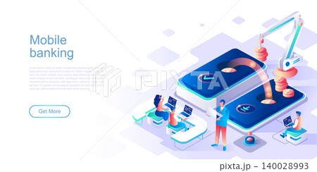 Mobile banking landing page vector template. Online smartphone payment website header UI layout with isometric illustration. Digital currency transaction web banner isometry concept 140028993