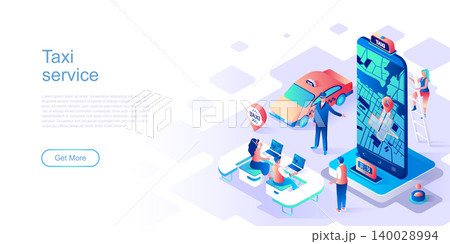 Taxi service landing page vector template. Urban transport call website header UI layout with isometric illustration. Fast trip on car, journey destination web banner isometry concept Taxi service landing page vector template. Urban transport call website header UI layout with isometric illustration. Fast trip on car, journey destination web banner isometry concept 140028994