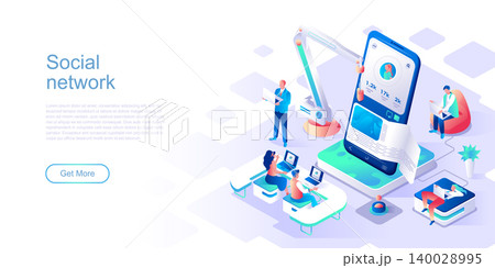 Social network landing page vector template. Online digital blog profile website header UI layout with isometric illustration. Networking strategy, SMM and SEO web banner isometry concept Social network landing page vector template. Online digital blog profile website header UI layout with isometric illustration. Networking strategy, SMM and SEO web banner isometry concept 140028995