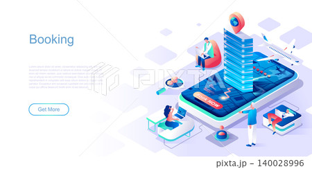 Booking landing page vector template. Ordering boarding tickets website header UI layout with isometric illustration. Tourism agency, departure for vacation web banner isometry concept Booking landing page vector template. Ordering boarding tickets website header UI layout with isometric illustration. Tourism agency, departure for vacation web banner isometry concept 140028996