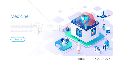 Medicine landing page vector template. Emergency health care aid website header UI layout with isometric illustration. Medicaments and prescription laboratory web banner isometry concept Medicine landing page vector template. Emergency health care aid website header UI layout with isometric illustration. Medicaments and prescription laboratory web banner isometry concept 140028997