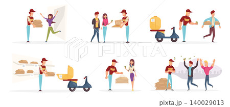 Pizzeria workers and customers characters set. Couriers delivering tasty pizza flat vector illustrations pack. Satisfied customers receiving orders. Fast food transportation service design elements 140029013
