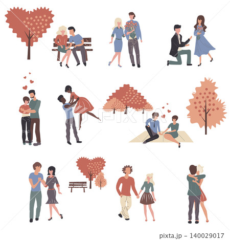 Young couples in love cartoon characters set. Boyfriends and girlfriends, people in romantic relationship flat vector illustrations pack. Husbands and wives, spouses celebrate Valentine day together 140029017