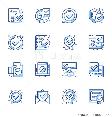 Certificate, guarantee legal documents linear icons set. Approve, confirm, accepted contour symbols isolated pack. Certified warranty with checkmark thin line illustrations collection Certificate, guarantee legal documents linear icons set. Approve, confirm, accepted contour symbols isolated pack. Certified warranty with checkmark thin line illustrations collection 140029022