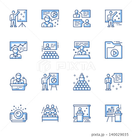 Business conference, seminar linear vector illustrations set. Public lecture, teacher and audience contour symbols isolated pack. Personnel training, corporate presentation thin line illustrations Business conference, seminar linear vector illustrations set. Public lecture, teacher and audience contour symbols isolated pack. Personnel training, corporate presentation thin line illustrations 140029035