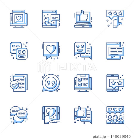 Review, user satisfaction linear vector icons set. Client feedback, online support chat, customer loyalty contour symbols isolated pack. CRM, website ranking thin line illustrations collection 140029040