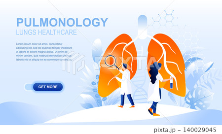 Pulmonology flat landing page with header, banner vector template. Chest and lungs medicine website layout. Medical services, respiratory diseases treatment webpage. Physicians cartoon characters Pulmonology flat landing page with header, banner vector template. Chest and lungs medicine website layout. Medical services, respiratory diseases treatment webpage. Physicians cartoon characters 140029045