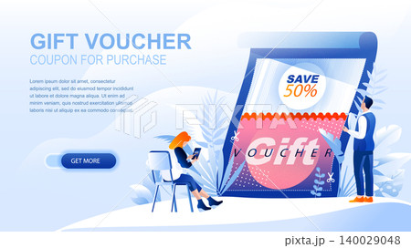 Gift voucher flat landing page with header. Coupon for purchase banner vector template. Gift certificate, advertisement, promotion, discount, bargain, special offer in shop and store 140029048