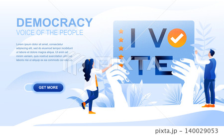 Democracy flat landing page with header, banner vector template. Governmental form, people choosing governing legislation, voting on elections, polling and balloting. Voice of people website layout 140029053