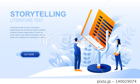 Storytelling flat landing page with header, banner vector template. Sharing stories, reading books, literature text website layout. Online bookshop webpage. People cartoon characters Storytelling flat landing page with header, banner vector template. Sharing stories, reading books, literature text website layout. Online bookshop webpage. People cartoon characters 140029074