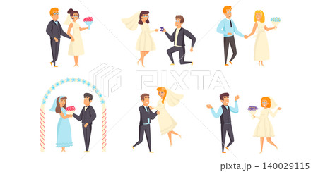 Wedding flat vector illustrations set. Marriage scenes bundle. Enamored people, fiance and fiancee, just married, grooms and brides with flower bouquets cartoon characters collection Wedding flat vector illustrations set. Marriage scenes bundle. Enamored people, fiance and fiancee, just married, grooms and brides with flower bouquets cartoon characters collection 140029115