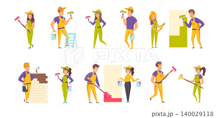 House painters flat vector illustrations set. Wall putty and painting scenes bundle. Male and female workers, people in helmets and uniform cartoon characters collection isolated on white background 140029118