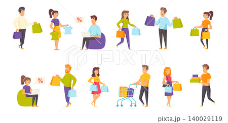 Shoppers flat vector illustrations set. Making purchases, shopping scenes bundle. People with clothes and shopping bags, byers cartoon characters collection isolated on white background Shoppers flat vector illustrations set. Making purchases, shopping scenes bundle. People with clothes and shopping bags, byers cartoon characters collection isolated on white background 140029119