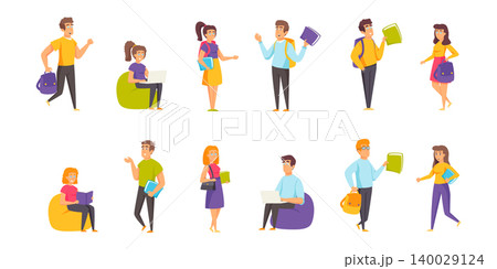 Students, learners flat vector illustrations set. Study, education, seminar preparation scenes bundle. Undergraduates, people with tutorials cartoon characters collection isolated on white background Students, learners flat vector illustrations set. Study, education, seminar preparation scenes bundle. Undergraduates, people with tutorials cartoon characters collection isolated on white background 140029124