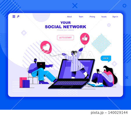 Social network landing page vector template. Online digital blog profile website header UI layout with flat illustration. Networking strategy, SMM and SEO web banner flat concept Social network landing page vector template. Online digital blog profile website header UI layout with flat illustration. Networking strategy, SMM and SEO web banner flat concept 140029144