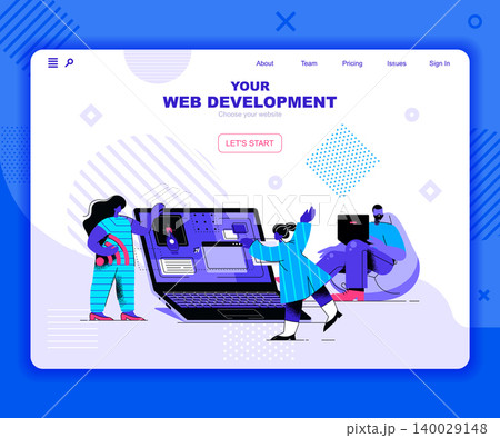 Web development landing page vector template. Program usability and performance website header UI layout with flat illustration. Fullstack app engineering, devops web banner flat concept Web development landing page vector template. Program usability and performance website header UI layout with flat illustration. Fullstack app engineering, devops web banner flat concept 140029148
