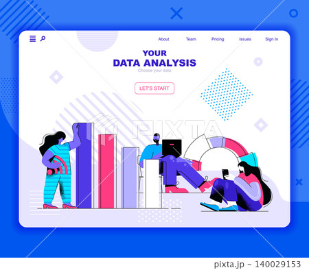 Data analysis landing page vector template. Information chart and graph website header UI layout with flat illustration. Accounting report, financial presentation web banner flat concept 140029153
