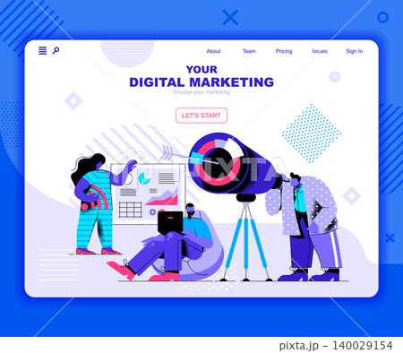 Digital marketing landing page vector template. Target advertising content website header UI layout with flat illustration. Viral trend, e-commerce campaign web banner flat concept 140029154
