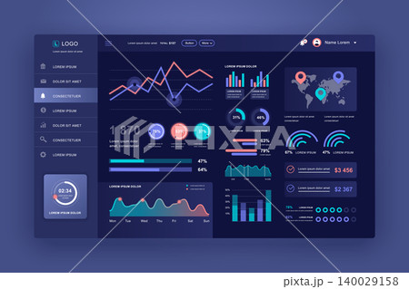 Dashboard UI. Admin panel vector design template with infographic elements, HUD diagram, info graphics. Website dashboard for UI and UX design web page. Dark style. Vector illustration. 140029158