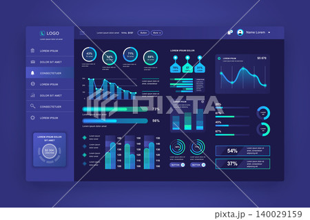 Dashboard UI. Admin panel vector design template with infographic elements, HUD diagram, info graphics. Website dashboard for UI and UX design web page. Dark style. Vector illustration. Dashboard UI. Admin panel vector design template with infographic elements, HUD diagram, info graphics. Website dashboard for UI and UX design web page. Dark style. Vector illustration. 140029159