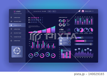 Dashboard UI. Admin panel vector design template with infographic elements, HUD diagram, info graphics. Website dashboard for UI and UX design web page. Dark style. Vector illustration. Dashboard UI. Admin panel vector design template with infographic elements, HUD diagram, info graphics. Website dashboard for UI and UX design web page. Dark style. Vector illustration. 140029165
