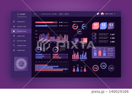 Dashboard UI. Admin panel vector design template with infographic elements, HUD diagram, info graphics. Website dashboard for UI and UX design web page. Dark style. Vector illustration. Dashboard UI. Admin panel vector design template with infographic elements, HUD diagram, info graphics. Website dashboard for UI and UX design web page. Dark style. Vector illustration. 140029166