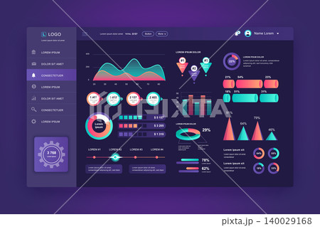 Dashboard UI. Admin panel vector design template with infographic elements, HUD diagram, info graphics. Website dashboard for UI and UX design web page. Dark style. Vector illustration. 140029168
