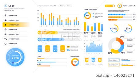 Dashboard UI. Admin panel vector design template with infographic elements, HUD diagram, info graphics. Website dashboard for UI and UX design web page. Vector illustration. Dashboard UI. Admin panel vector design template with infographic elements, HUD diagram, info graphics. Website dashboard for UI and UX design web page. Vector illustration. 140029171