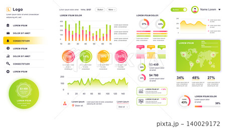 Dashboard UI. Admin panel vector design template with infographic elements, HUD diagram, info graphics. Website dashboard for UI and UX design web page. Vector illustration. Dashboard UI. Admin panel vector design template with infographic elements, HUD diagram, info graphics. Website dashboard for UI and UX design web page. Vector illustration. 140029172