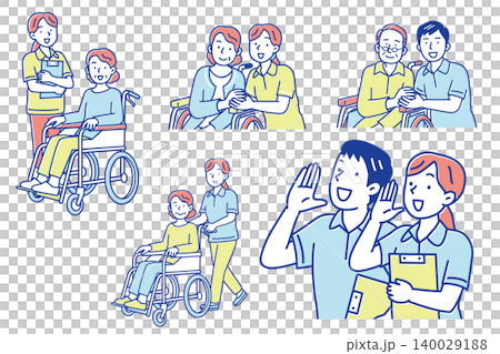 Illustrations of a young caregiver supporting a wheelchair-bound patient, with variations in poses. Illustrations of a young caregiver supporting a wheelchair-bound patient, with variations in poses. 140029188