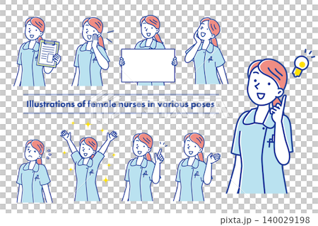 A set of line art vector illustrations of young female nurses with pose variations. A set of line art vector illustrations of young female nurses with pose variations. 140029198
