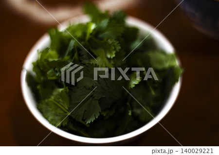 Fresh Plucked Coriander Leaves In A Small Bowl, organic green cilantro, background for fresh food marketing campaign, brand awareness, culinary ingredient and agricultural product. 140029221