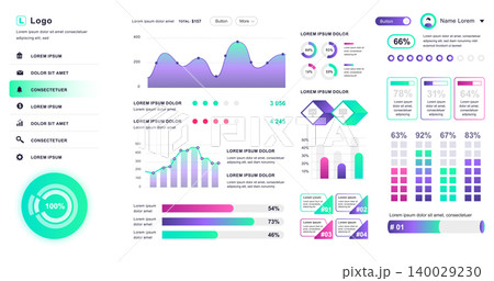 Dashboard UI. Admin panel vector design template with infographic elements, HUD diagram, info graphics. Website dashboard for UI and UX design web page. Vector illustration. 140029230