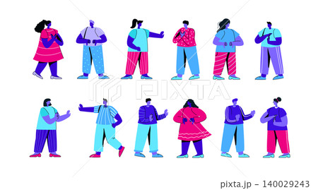 Set of male and female characters showing negative gestures. Bundle of men and women refusing, disapproving, rejecting, repudiating something, demonstrating disapproval. Flat blue vector illustration. 140029243