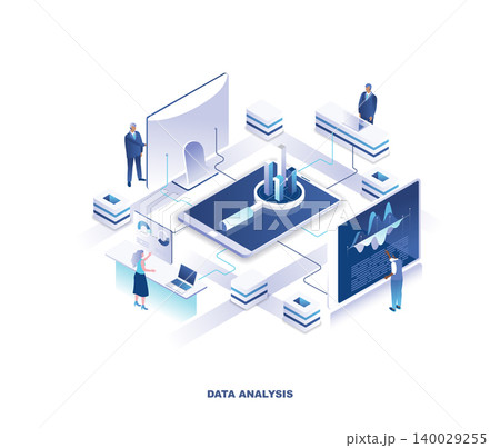 Data analysis, statistical or financial analytics isometric landing page. Concept with tiny people analyzing information on giant computers placed around diagram in center. Modern vector illustration. 140029255