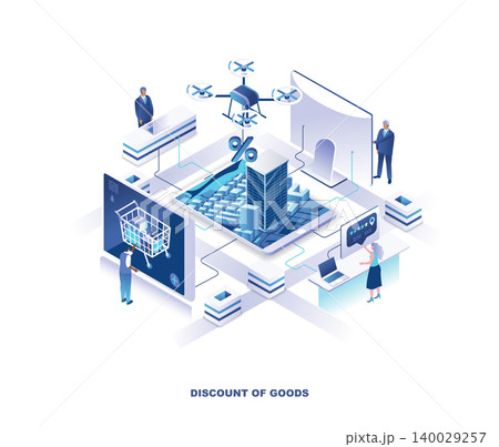 Isometric landing page for internet store discounts or sales, digital retail, electronic shopping. Concept with tiny people buying good online using giant screens. Vector illustration for website. Isometric landing page for internet store discounts or sales, digital retail, electronic shopping. Concept with tiny people buying good online using giant screens. Vector illustration for website. 140029257