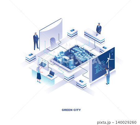 Green city isometric landing page. Concept of sustainable energy or eco-friendly technology with tiny people working on computers around map with buildings and wind turbines. Vector illustration. Green city isometric landing page. Concept of sustainable energy or eco-friendly technology with tiny people working on computers around map with buildings and wind turbines. Vector illustration. 140029260