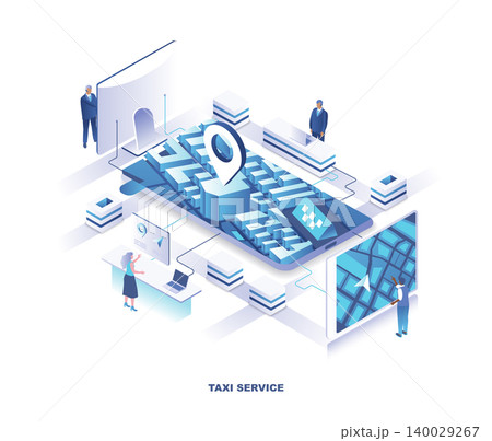 Mobile application for taxi or cab booking service isometric landing page. Concept with tiny people stand around giant smartphone with city map on screen. Modern vector illustration for promotion. Mobile application for taxi or cab booking service isometric landing page. Concept with tiny people stand around giant smartphone with city map on screen. Modern vector illustration for promotion. 140029267