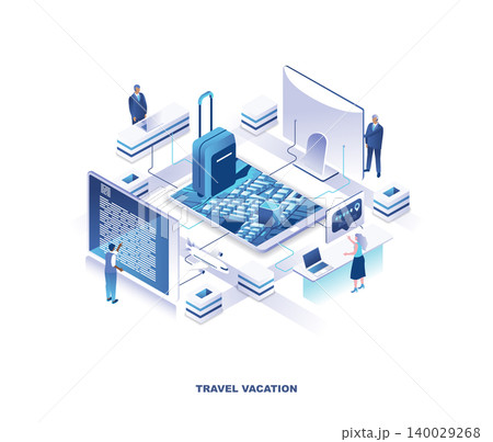 Touristic service for travel planning, accommodation booking isometric landing page. Concept with tiny people standing around giant tablet PC with map and suitcase on screen. Vector illustration. Touristic service for travel planning, accommodation booking isometric landing page. Concept with tiny people standing around giant tablet PC with map and suitcase on screen. Vector illustration. 140029268