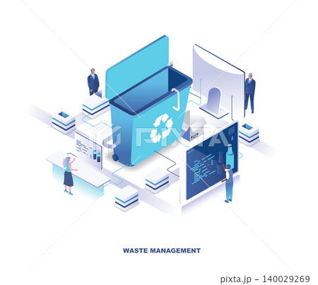 Waste management or disposal service, recycling technology isometric landing page. Concept with tiny people stand around giant trash bin and sorting garbage. Modern vector illustration for website. 140029269