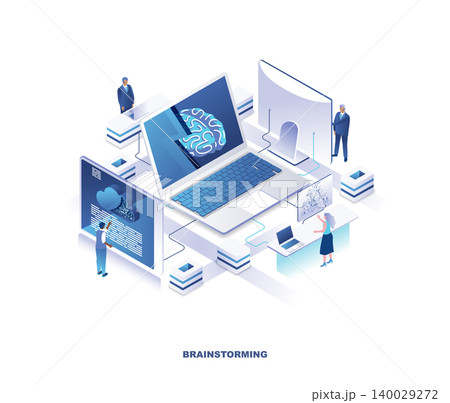 Brainstorming isometric landing page. Concept of creative business thinking or idea creation with tiny people standing around giant laptop computer with brain on screen. Modern vector illustration. Brainstorming isometric landing page. Concept of creative business thinking or idea creation with tiny people standing around giant laptop computer with brain on screen. Modern vector illustration. 140029272