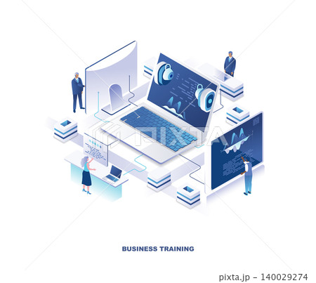 Corporate business training, seminar, webinar or course isometric landing page. Concept with tiny people learning at control panels around giant laptop computer. Vector illustration for website. Corporate business training, seminar, webinar or course isometric landing page. Concept with tiny people learning at control panels around giant laptop computer. Vector illustration for website. 140029274